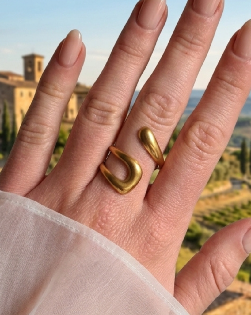 Accueil bague solis vague dore acier inoxydable ajustable nanee