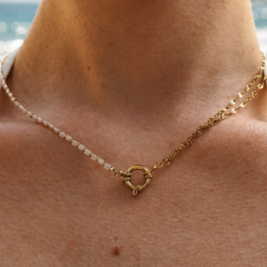 collier rosee dore acier inoxydable pierres naturelles roses artisanal nanee