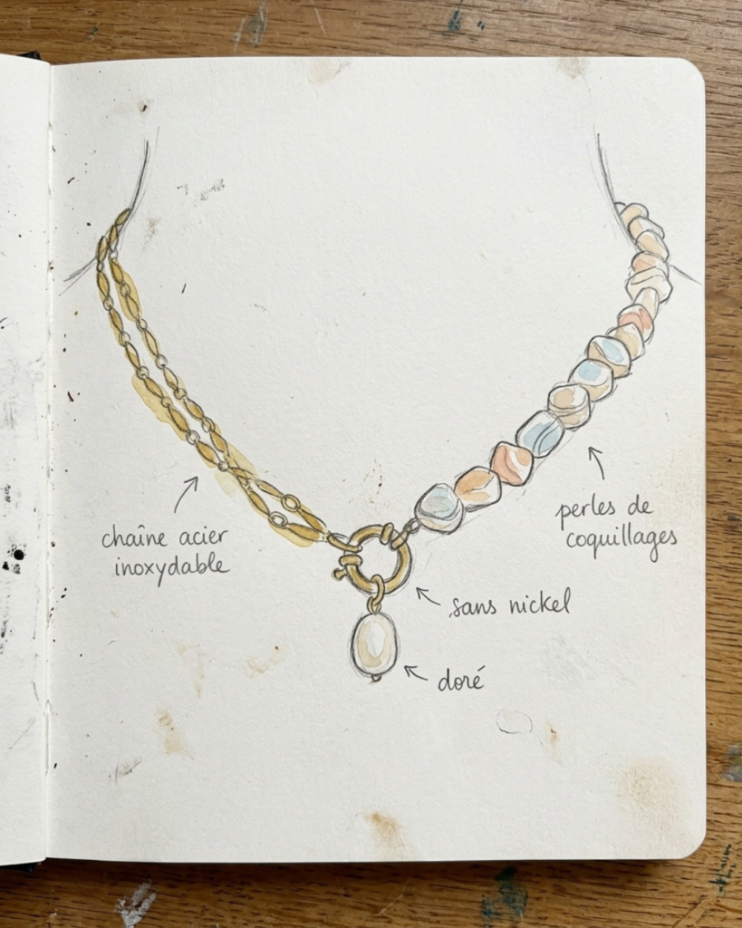 Accueil croquis dessin collier naiade perles de coquillages aquarelle crayon